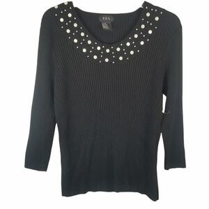 R-Q-T RIBBED BLACK KNIT SWEATER W/ BEADS. SZ XL